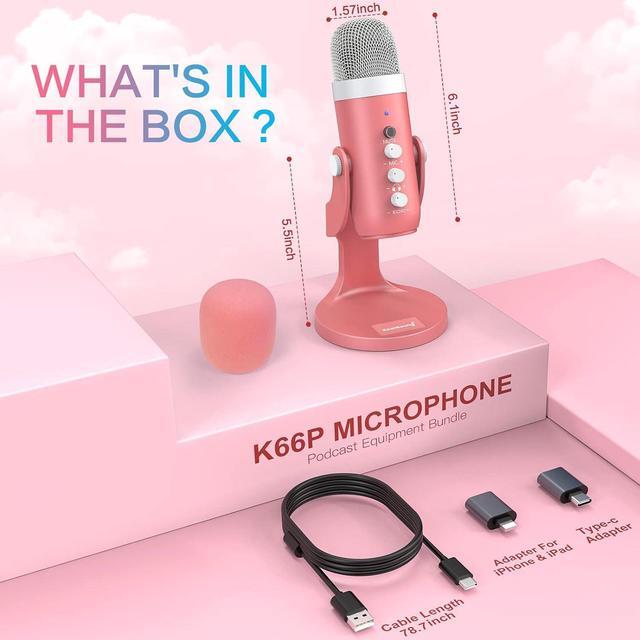 Alt view image 7 of 7 - ZealSound Gaming USB Pink Microphone with Quick Mute for Phone Computer PC PS5,Studio Mic with Gain Control,Echo&Monitor Volume Adjust for Streaming Vocal Recording ASMR Podcast Video K66