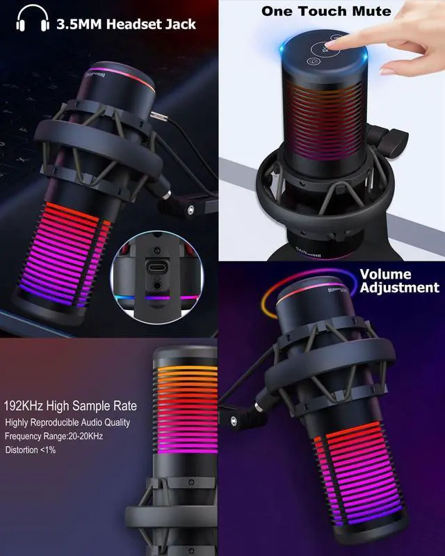 Alt view image 5 of 6 - Gaming USB Microphone,USB Condenser Microphone with RGB,Mute,Gain,Monitoring,Plug&Play USB mic for Gaming,Podcasts Videos,Streaming,Recording Support PS4/5/PC