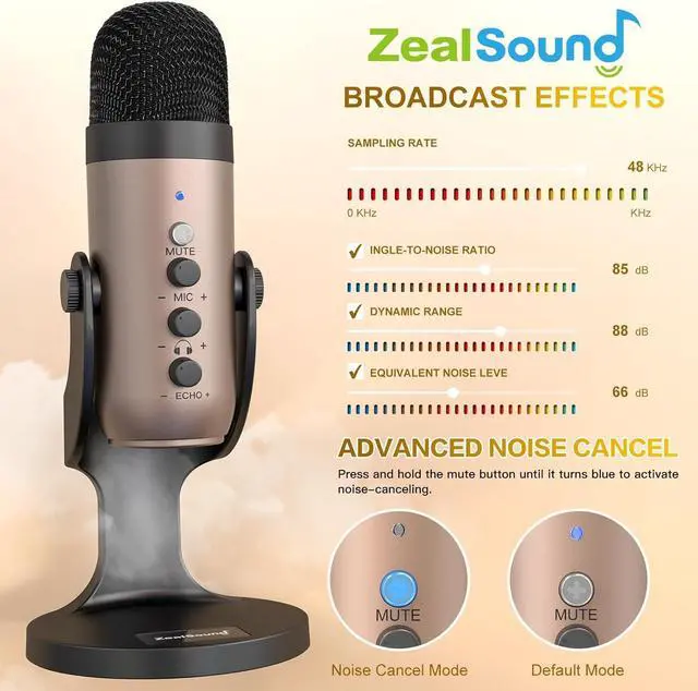 Alt view image 3 of 7 - ZealSound USB Microphone,Condenser Computer PC Mic,Plug&Play Gaming Microphones for PS 4&5.Headphone Output&Volume Control,Mic Gain Control,Mute Button for Vocal,YouTube Podcast on Mac&Windows(Gold)