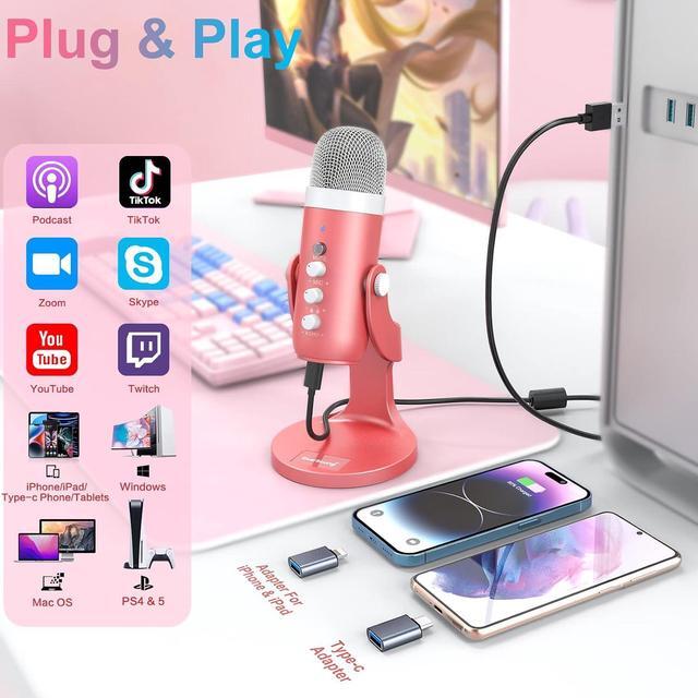 Alt view image 2 of 7 - ZealSound Gaming USB Pink Microphone with Quick Mute for Phone Computer PC PS5,Studio Mic with Gain Control,Echo&Monitor Volume Adjust for Streaming Vocal Recording ASMR Podcast Video K66