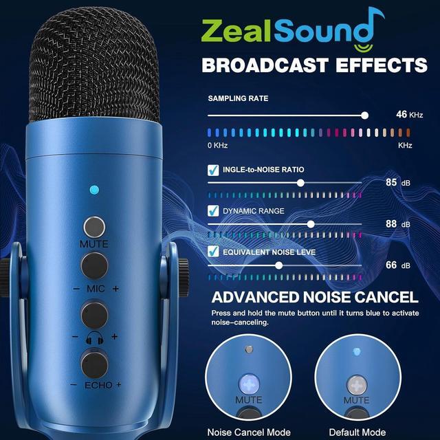 Alt view image 3 of 7 - ZealSound USB Microphone,Condenser Gaming Mic for Phone/Laptop/PC/PS4/5/Computer,Microphone with Gain Knob,LED Mute,Monitor Volume Adjustment,Stand Base for Streaming, Podcast, Studio Recording (Blue)