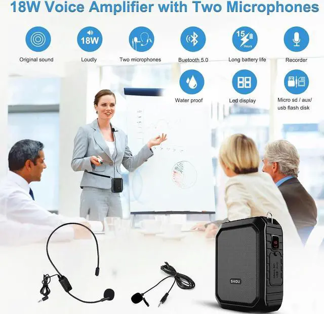 Alt view image 2 of 7 - Bluetooth Voice Amplifier with Lapel Mic/Microphone Headset-18W IPX5 Waterproof Small Megaphone Speaker Pa System, Portable Microphone and for Teachers Tour Guide 800Plus Black-wired -