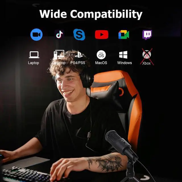 Alt view image 2 of 7 - PC USB Microphone, Podcast Condenser Mic with Foldable Tripod Mute Switch for Streaming, Gaming, Podcasting, Recording, Chatting, Twitch, YouTube, on Computer, Laptop, PS4/5 Plug & Play