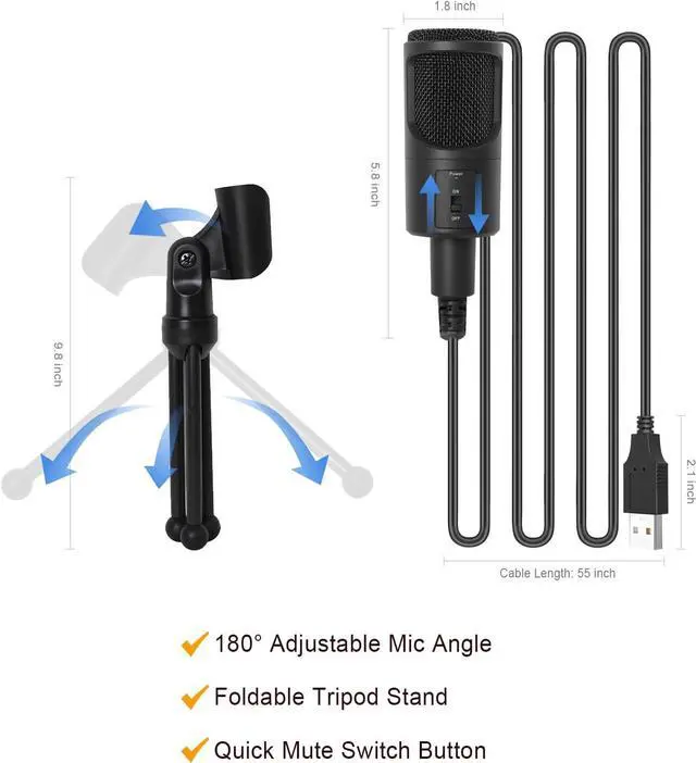 Alt view image 5 of 7 - PC USB Microphone, Podcast Condenser Mic with Foldable Tripod Mute Switch for Streaming, Gaming, Podcasting, Recording, Chatting, Twitch, YouTube, on Computer, Laptop, PS4/5 Plug & Play