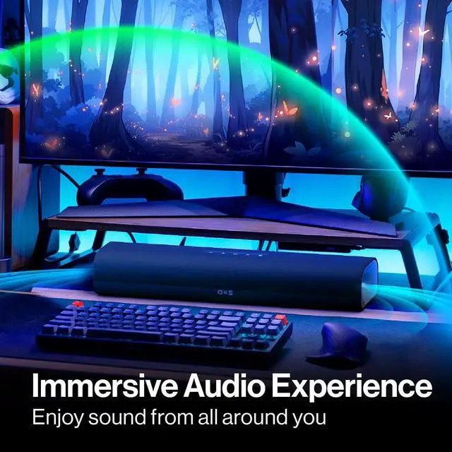 Alt view image 2 of 7 - OXS Thunder Lite PC Gaming Soundbar, Sound Bars for TV with Virtual Surround Sound, 2 Full-Range Drivers, Bass Tube, Compact Design, HDMI/AUX/Optical Compatible, Bluetooth 5.0 Wireless Connection