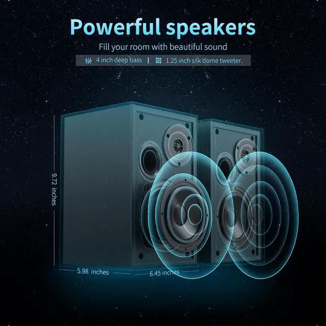 Alt view image 2 of 7 - BESTISAN 4 Inch Powered Bookshelf Speakers with Deep Bass, Bluetooth 5.0 Studio Monitor Speakers, 2.0 Neared Field Audio Speakers with 2 RCA Line Input, Set of 2 Black-New Model