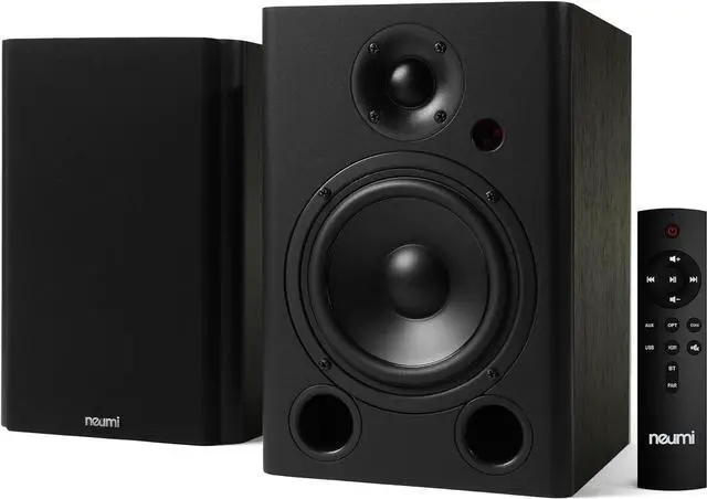 Main image of NEUMI BS5P-ARC 75-Watt Powered Bookshelf Speakers, Bluetooth, HDMI, USB, Optical, Coaxial, Remote Control, 5-Inch Woofer, 1-Inch Tweeter, Dark Wood, 1 Pair