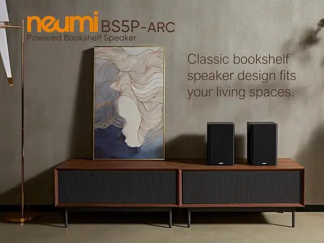 Alt view image 7 of 7 - NEUMI BS5P-ARC 75-Watt Powered Bookshelf Speakers, Bluetooth, HDMI, USB, Optical, Coaxial, Remote Control, 5-Inch Woofer, 1-Inch Tweeter, Dark Wood, 1 Pair