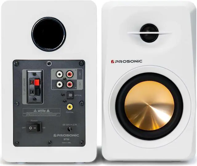 Alt view image 2 of 7 - Prosonic BT30 (2023 version) Active Powered Bluetooth Bookshelf Speakers, Studio Monitor, Home Theater, Turntable with Optical Input, Coaxial Input, 2X RCA Aux Line Input, 80 Watts, (White)