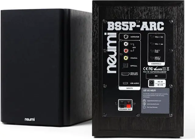 Alt view image 2 of 7 - NEUMI BS5P-ARC 75-Watt Powered Bookshelf Speakers, Bluetooth, HDMI, USB, Optical, Coaxial, Remote Control, 5-Inch Woofer, 1-Inch Tweeter, Dark Wood, 1 Pair