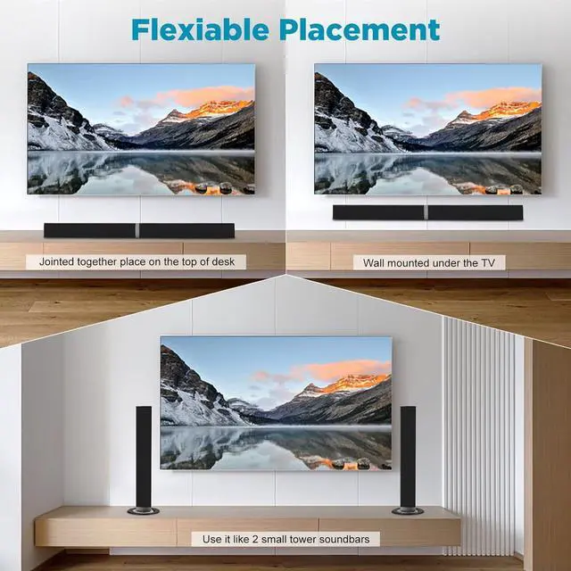 Alt view image 4 of 7 - TV Sound Bar, 60W Sound Bars for Smart TV, Bluetooth 5.0 Soundbar for TV, 31.5 Inch Wired & Wireless Detachable Sound Bar with ARC/Optical/AUX, Enhanced Home Theater Audio for Smart TV
