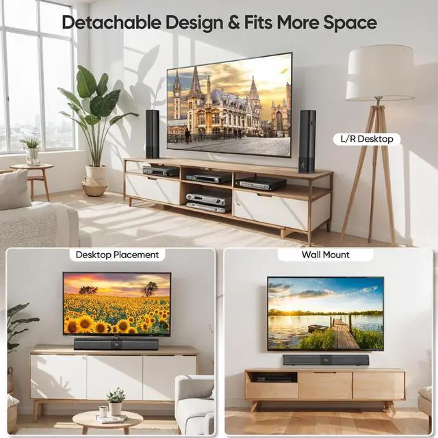 Alt view image 5 of 6 - Sound Bar for Smart TV, 2 in 1 Detachable Home Audio Soundbar Speaker,20 Sound Bar for TV with Optical/AUX/HDMI-ARC/Bluetooth Connection for PC/Gaming/Projectors, Wall Mountable