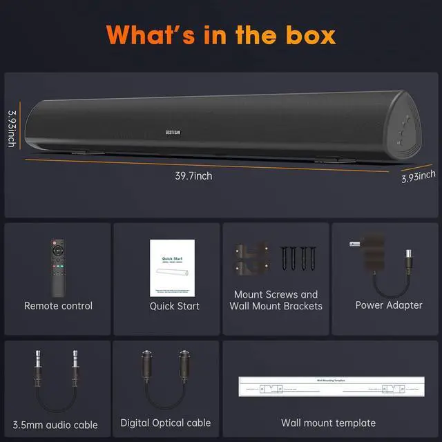 Alt view image 7 of 7 - 100Watt 40 Inch Soundbar, BESTISAN Sound Bar Wireless and Wired Audio Bluetooth 5.0 TV Speakers with HDMI-ARC Function (2023 Beef UP Version, DSP Audio, Bass Adjustable, Wall Mountable)