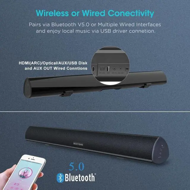 Alt view image 4 of 7 - BESTISAN 100 Watt 40 Inch TV Sound Bar, Home Theater System Wired and Wireless Soundbar Speaker(Bluetooth 5.0, 105dB, Dsp Audio, Bass Adjustable, Wall Mountable)