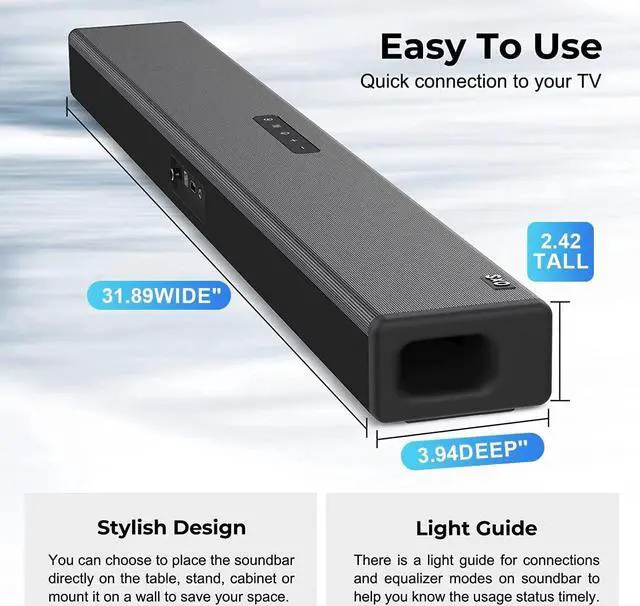 Alt view image 6 of 6 - OXS Sound Bars for TV, Home Theater Audio with Built-in Subwoofer, 3D Surround Sound System TV Sound Bar, TV Speakers, Bluetooth 5.0/Aux/Optical/Coaxial, 80-Watt, 3Eqs, Wall Mountable