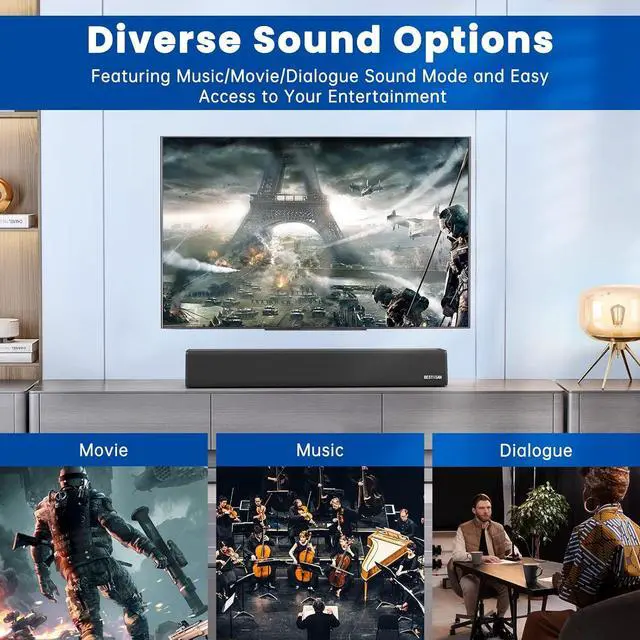 Alt view image 3 of 7 - BESTISAN Sound Bars for TV, PC, Gaming, Monitor, 50 Watts Sound Bar with Bluetooth 5.0/HDMI ARC/Optical/Sub Out/AUX/USB Connections, 3 Audio Modes, Bass Adjustable, 16 Inch, Wall Mountable (Black)