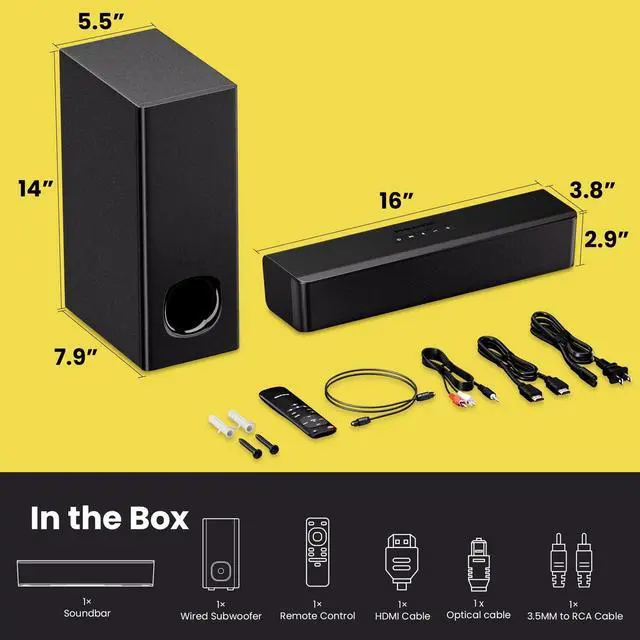 Alt view image 6 of 6 - PHEANOO 2.1 Compact Sound Bars for TV with Subwoofer, HDMI ARC/Bluetooth 5.0/Optical/AUX/RCA Connection, Remote Control, Adjustable Bass, Wall Mountable  P15, 140W, 16 inch, Black