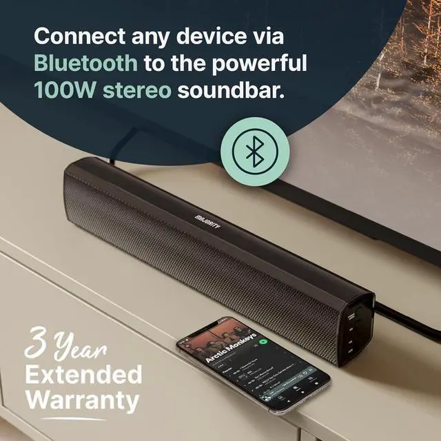 Alt view image 2 of 7 - Majority Soundbar with Subwoofer for TV, 15 inch Bluetooth Sound Bar 100 Watts, Home Audio Speaker, Small TV and PC Soundbar | AUX, RCA, Optical, USB | Gaming, Music, Movies Bowfell Plus