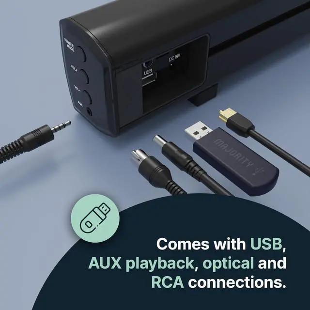 Alt view image 5 of 7 - Majority Soundbar with Subwoofer for TV, 15 inch Bluetooth Sound Bar 100 Watts, Home Audio Speaker, Small TV and PC Soundbar | AUX, RCA, Optical, USB | Gaming, Music, Movies Bowfell Plus