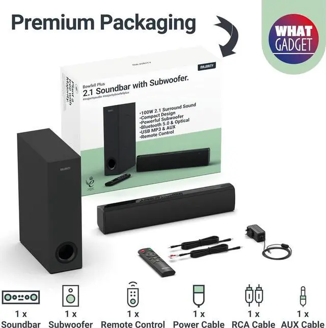 Alt view image 7 of 7 - Majority Soundbar with Subwoofer for TV, 15 inch Bluetooth Sound Bar 100 Watts, Home Audio Speaker, Small TV and PC Soundbar | AUX, RCA, Optical, USB | Gaming, Music, Movies Bowfell Plus