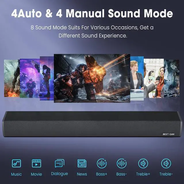 Alt view image 4 of 7 - BESTISAN 34inch 100W Sound bar, Wired and Wireless Soundbar for TV, Home Theater Sound Bars for TV with HDMI-ARC/Optical/RCA Connections (Black)