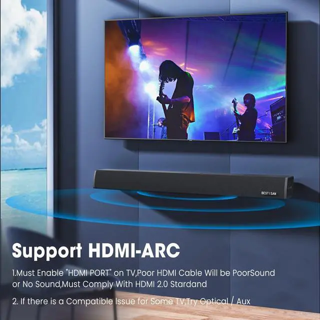 Alt view image 6 of 7 - BESTISAN 34inch 100W Sound bar, Wired and Wireless Soundbar for TV, Home Theater Sound Bars for TV with HDMI-ARC/Optical/RCA Connections (Black)