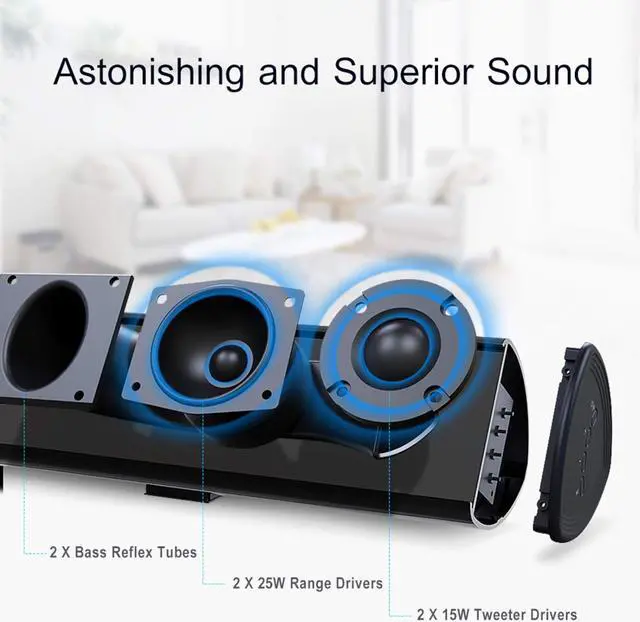 Alt view image 2 of 7 - 80Watt 34Inch Sound bar, Bestisan Soundbar Bluetooth 5.0 Wireless and Wired Home Theater Speaker (DSP, HDMI-ARC, Bass Adjustable, Optical Cable Included)