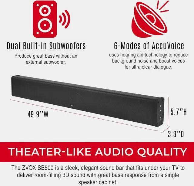 Alt view image 4 of 7 - ZVOX SB500 Soundbar for TV, Home Speaker Bar Works with 50" to 90" TVs, Soundbar with Subwoofer Built-in, 6 Modes AccuVoice Dialogue Boost, Multi-Zone Audio and Hearing Technology