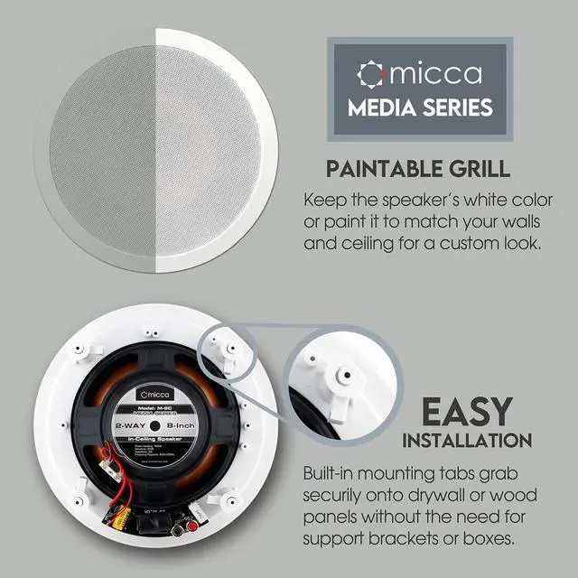 Alt view image 2 of 6 - Micca M-8C 2-Way in-Ceiling Round Speaker, 9.4" Cutout Diameter, Whole House Audio, Home Theater, Indoor or Covered Outdoor, 8" Woofer, 1" Tweeter, White, Paintable, Each