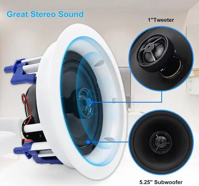 Alt view image 2 of 7 - Herdio in Ceiling Speakers 2 Way 5.25" 600 Watts Passive Wired Flush Mount for Home Theater Living Room Office Covered Porches(2Pairs, Paintable-Grille)