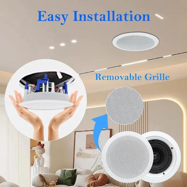 Alt view image 3 of 7 - Herdio in Ceiling Speakers 2 Way 5.25" 600 Watts Passive Wired Flush Mount for Home Theater Living Room Office Covered Porches(2Pairs, Paintable-Grille)