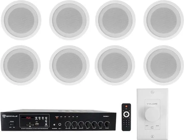 Main image of Rockville Commercial Restaurant Amp+(8) 5" White Ceiling Speakers+Wall Control