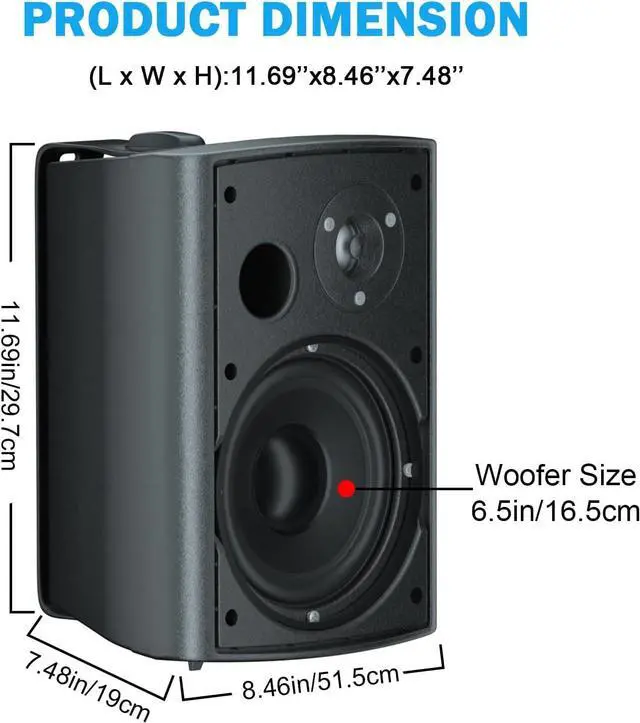 Alt view image 4 of 7 - 6.5 Inch Outdoor Speakers Wired Waterproof,Wall Mounted Passive Speakers,800Watt Powerful Bass,for Home Patio Porch Garden Covered Deck (2Pairs, Black)