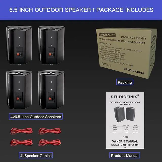 Alt view image 6 of 7 - 6.5 Inch Outdoor Speakers Wired Waterproof,Wall Mounted Passive Speakers,800Watt Powerful Bass,for Home Patio Porch Garden Covered Deck (2Pairs, Black)