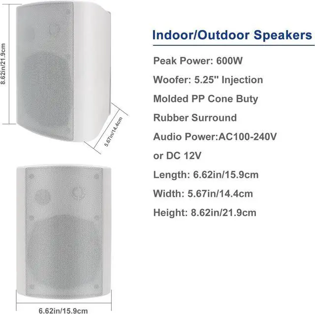 Alt view image 5 of 7 - 5.25 Inch 600W Outdoor Speakers Waterproof Wired, Passive Wall Mount Speakers for Patio Garage Home,2 Pairs (White)