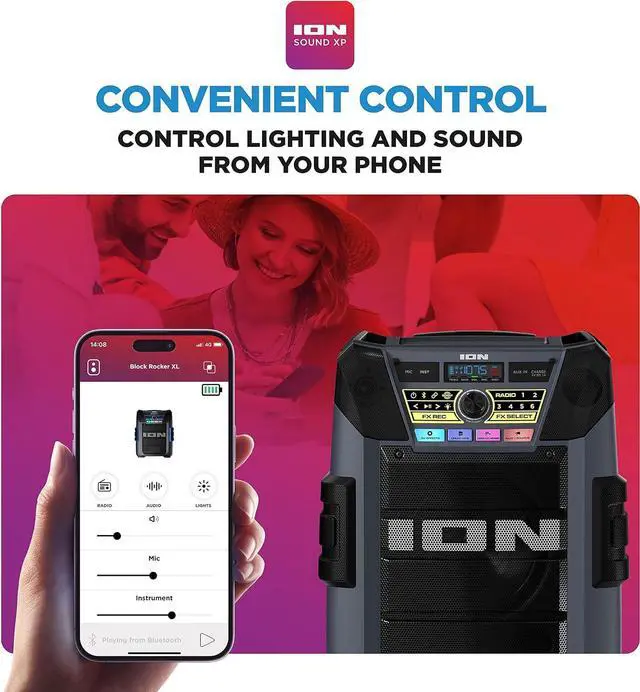 Alt view image 5 of 7 - ION Block Rocker XL - Portable Bluetooth Outdoor Party Speaker, 220W, with Karaoke Microphone, Battery, 5 Speakers, Lights, Radio, USB Charging & App