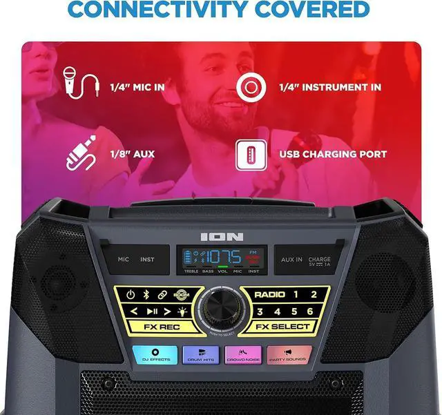 Alt view image 7 of 7 - ION Block Rocker XL - Portable Bluetooth Outdoor Party Speaker, 220W, with Karaoke Microphone, Battery, 5 Speakers, Lights, Radio, USB Charging & App