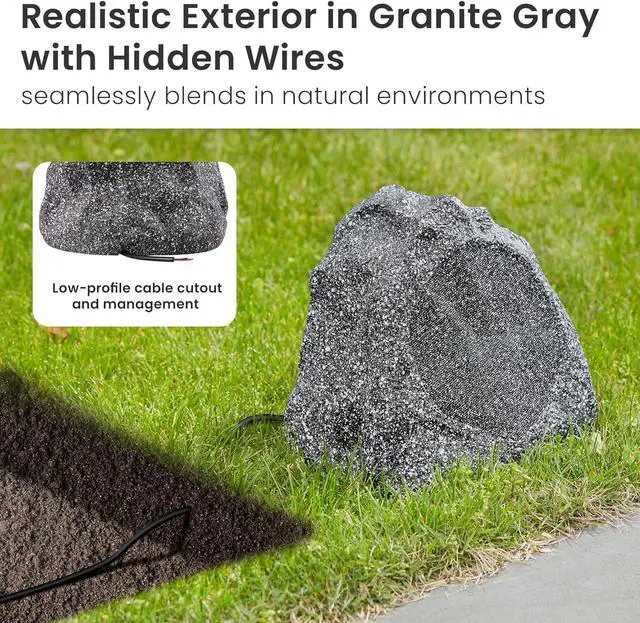 Alt view image 2 of 7 - Theater Solutions 2R6G Outdoor Granite 6.5" Rock 2 Speaker Set for Deck Pool Spa Yard Garden, Granite Grey