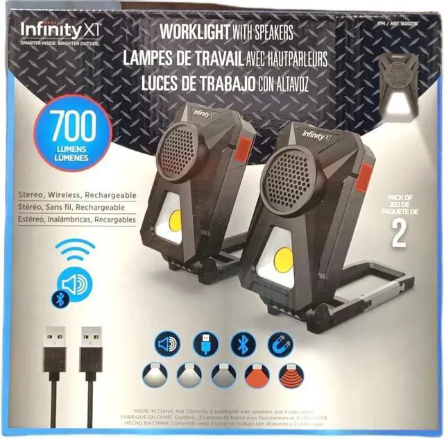 Alt view image 4 of 6 - Stereo, Wireless, Rechargeable 700 Lumens Worklight with Bluetooth Speakers 2-Pack Black -