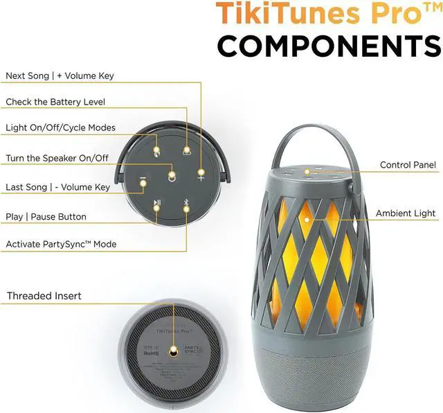 Alt view image 3 of 7 - Limitless TikiTunes Pro Portable Bluetooth 10-Watt Speaker with 3-Mode LED Flame Light, Pair up to 100 Speakers, 4000 mAh Battery for iPhone/iPad/Android (Graphite)