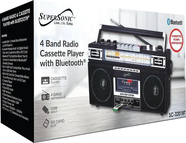 Alt view image 4 of 4 - Supersonic SC-3201BT 4 Band Radio & Cassette Player Boombox, Bluetooth Speaker, AM/FM/SW Radio with MP3 Playback, USB & SD Card, 3 Band EQ and Earphone Jack