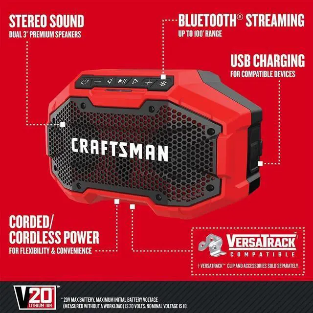 Alt view image 3 of 7 - CRAFTSMAN V20 Wireless Portable Bluetooth Speaker, Tool Only (CMCR001B), Red