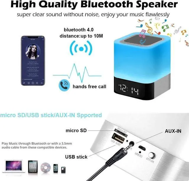 Alt view image 2 of 7 - Night Lights Bluetooth Speaker, Alarm Clock Touch Sensor Dimmable Multi-Color Changing Bedside Lamp, MP3 Player, Wireless