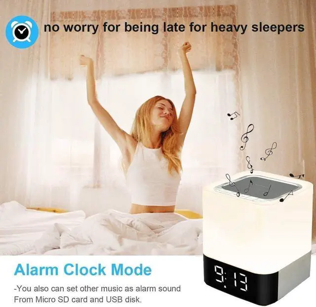 Alt view image 4 of 7 - Night Lights Bluetooth Speaker, Alarm Clock Touch Sensor Dimmable Multi-Color Changing Bedside Lamp, MP3 Player, Wireless