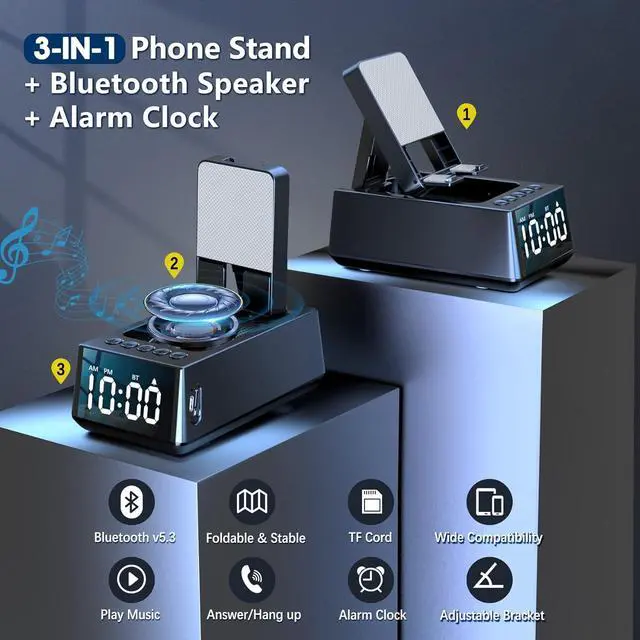 Alt view image 2 of 7 - Adjustable Phone Stand with Built-in Bluetooth Speaker, Portable with Non-Slip Base, Unique Gifts, Tech Gifts for Men, Cool Gadgets for Home and Outdoor Use (Black)