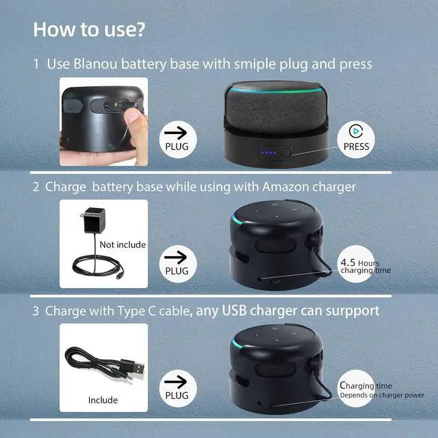 Alt view image 4 of 7 - Echo Dot 3 Battery Base, Portable Dot 3rd Gen Google Mini 2 Battery Base, 5200 mAh 8 Hours Work Time, BlackNot Include Speaker