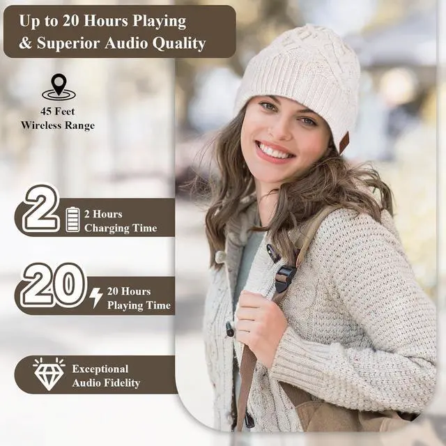 Alt view image 5 of 7 - Bluetooth Beanie, Double-Layer Wool Lining Bluetooth Hat Beanie with Pom Pom for Women/Teen Girls/Family, 20hrs Playing, Gift Packaging for Christmas Stocking Stuffers Thanksgiving (03-Gray)