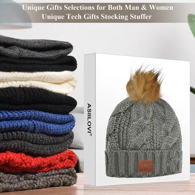 Alt view image 6 of 7 - Bluetooth Beanie, Double-Layer Wool Lining Bluetooth Hat Beanie with Pom Pom for Women/Teen Girls/Family, 20hrs Playing, Gift Packaging for Christmas Stocking Stuffers Thanksgiving (03-Gray)
