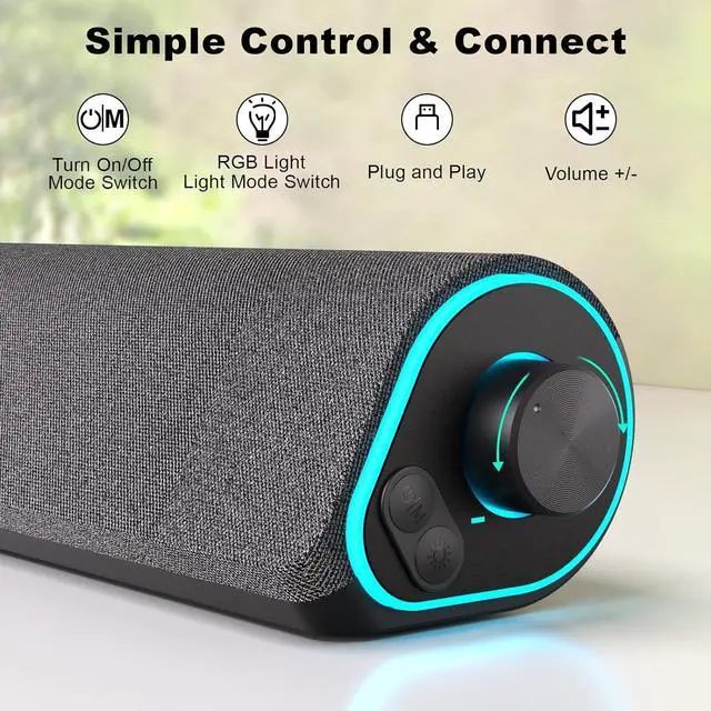 Alt view image 3 of 7 - R50 Bluetooth Computer Speakers, 3.5mm PC Sound Bar for Desktop Monitor, Wired USB Powered & Colorful LED Lights with Switch Button, Surround Sound Soundbar PC Spearkers for Computer