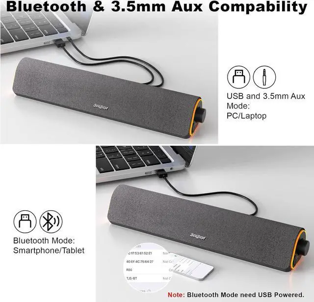 Alt view image 4 of 7 - R50 Bluetooth Computer Speakers, 3.5mm PC Sound Bar for Desktop Monitor, Wired USB Powered & Colorful LED Lights with Switch Button, Surround Sound Soundbar PC Spearkers for Computer
